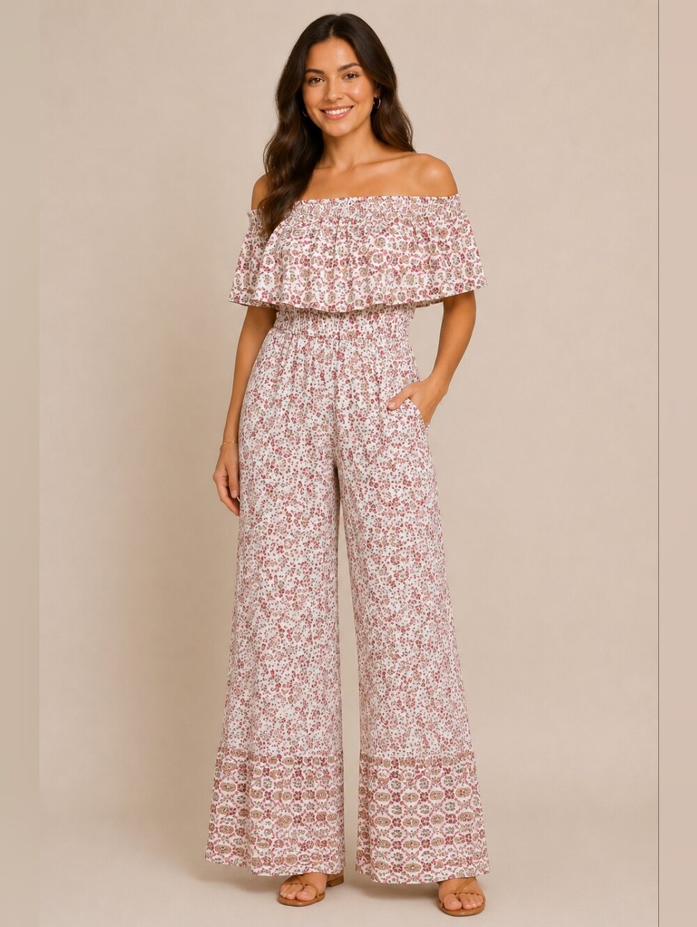 Japna | Floral Print Smock Strapless Wide Leg Jumpsuit Cottagecore Prairie L